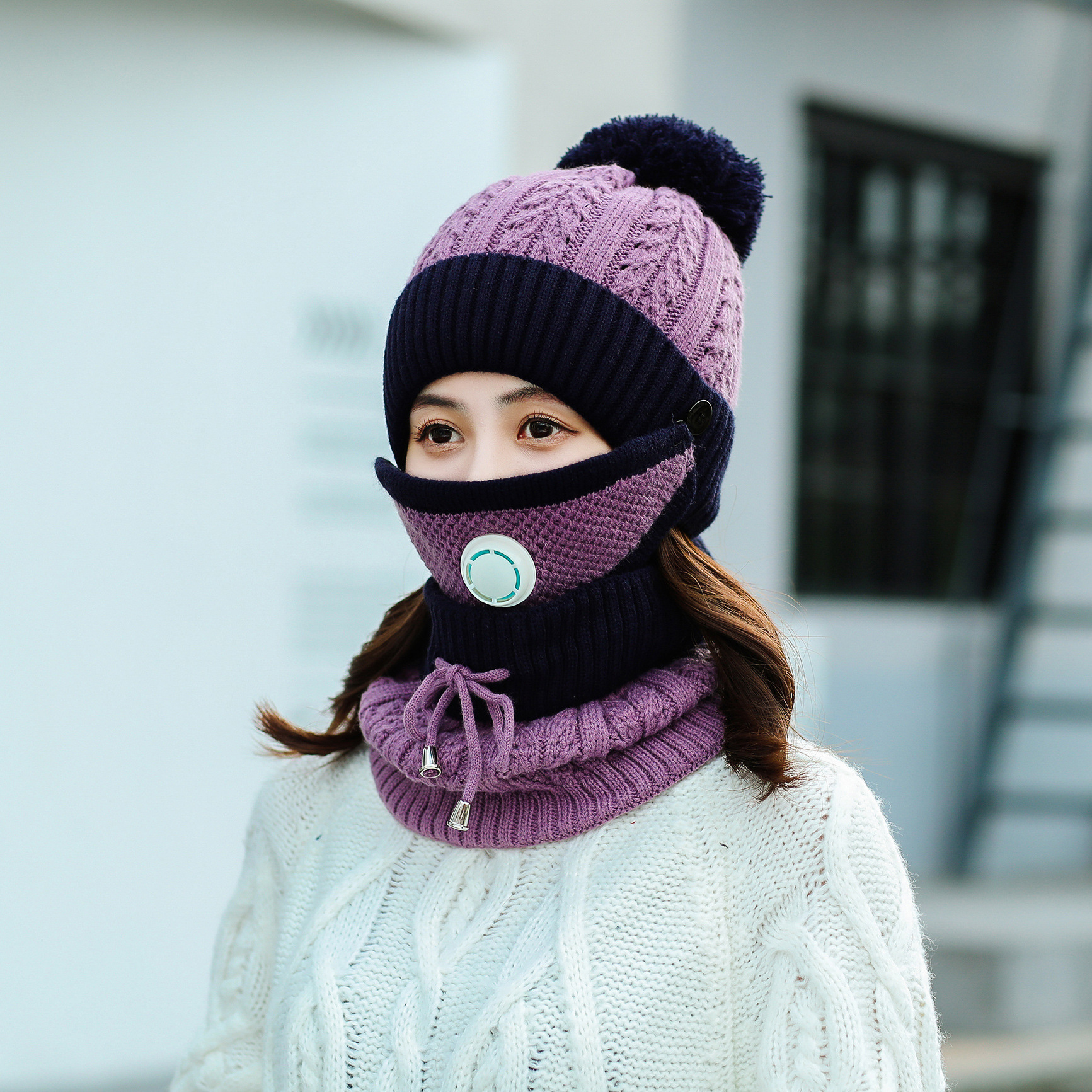帽子女冬天韩版加厚针织帽带口罩围脖毛线帽秋冬季骑车护耳保暖帽