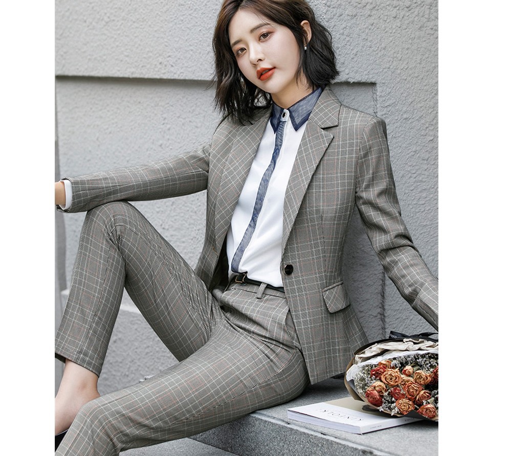 英伦西装女套装春秋新款气质格子职业装正装经理工作服两件套
