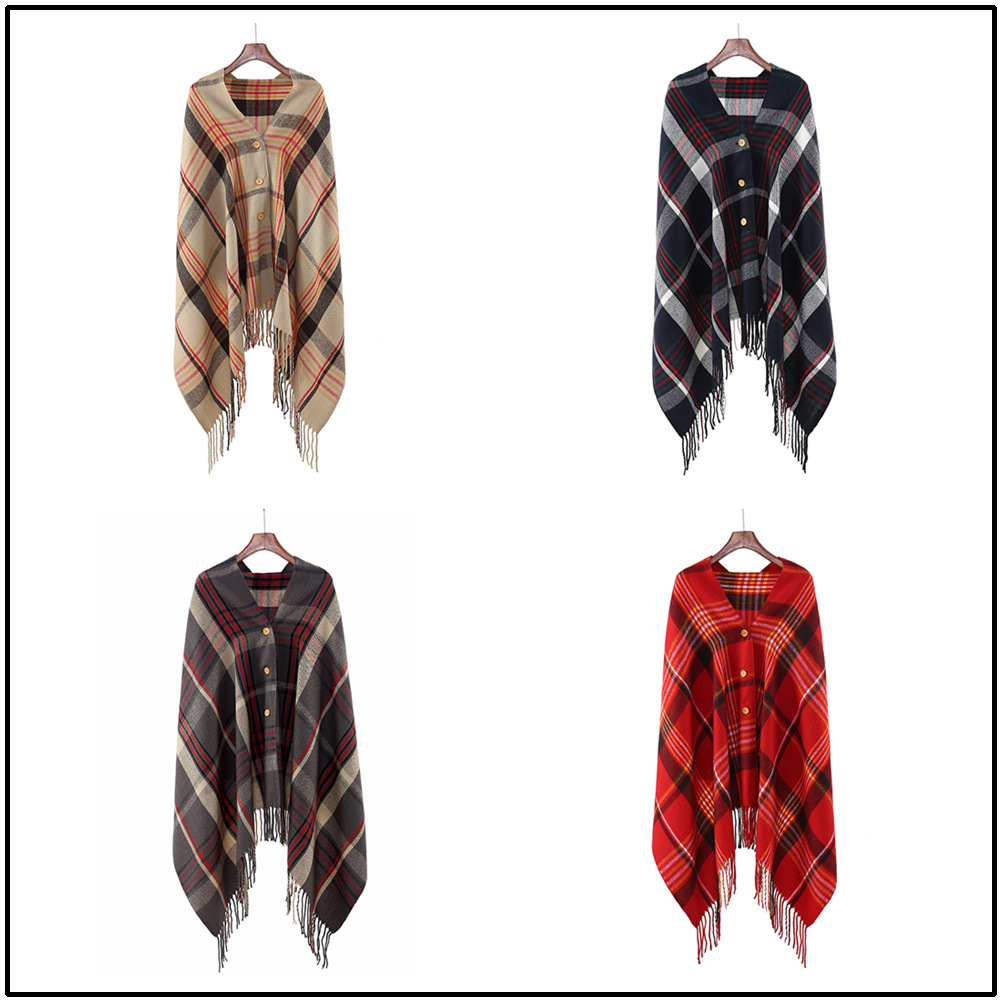 ins韩国仿羊绒纽扣女士斗篷披肩韩版秋冬两用季加厚流苏格子围巾