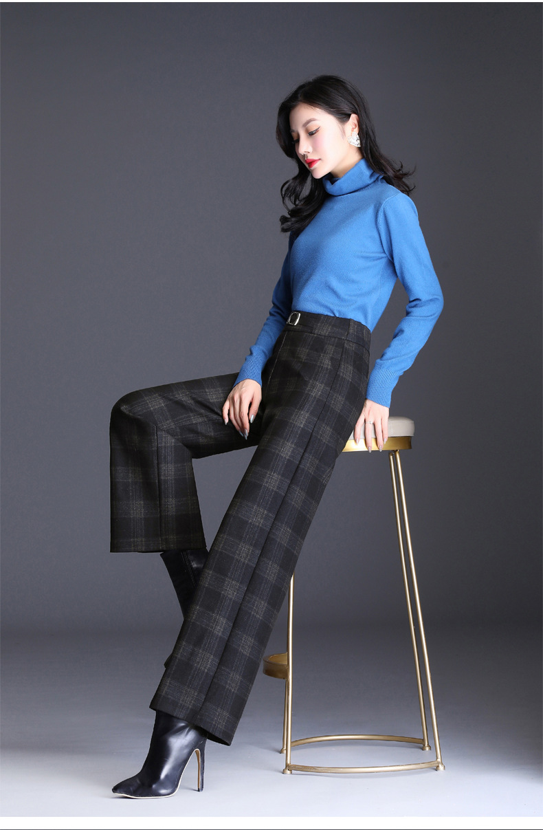 格子裤女秋冬2019新款韩版高腰宽松显瘦大码直筒裤加厚毛呢阔腿裤