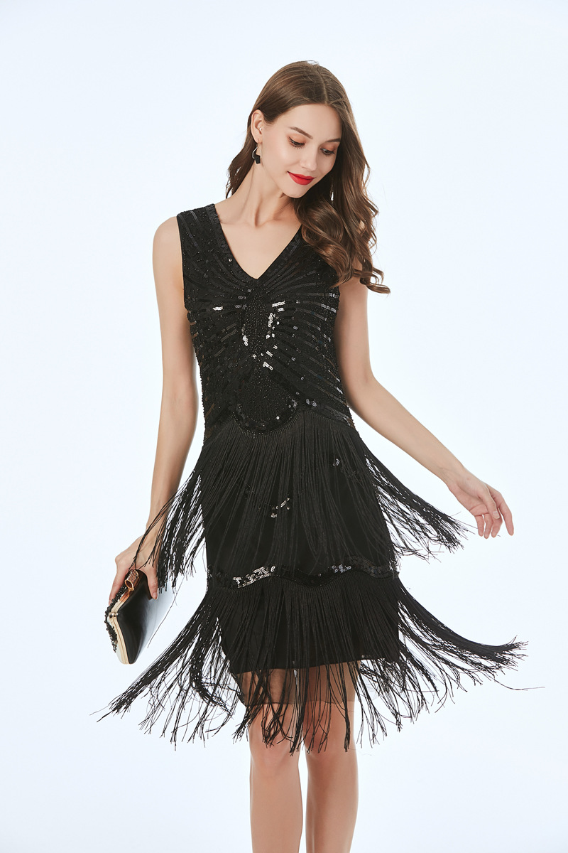 新款实拍无袖v领亮片连衣裙欧美爆款亮片手工编织流苏晚礼服