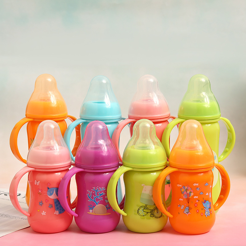 Cartoon Pattern Baby Bottle with Handle Drop-Resistant Standard Caliber Pp Plastic Arc Drop-Resistant Newborn Bottle