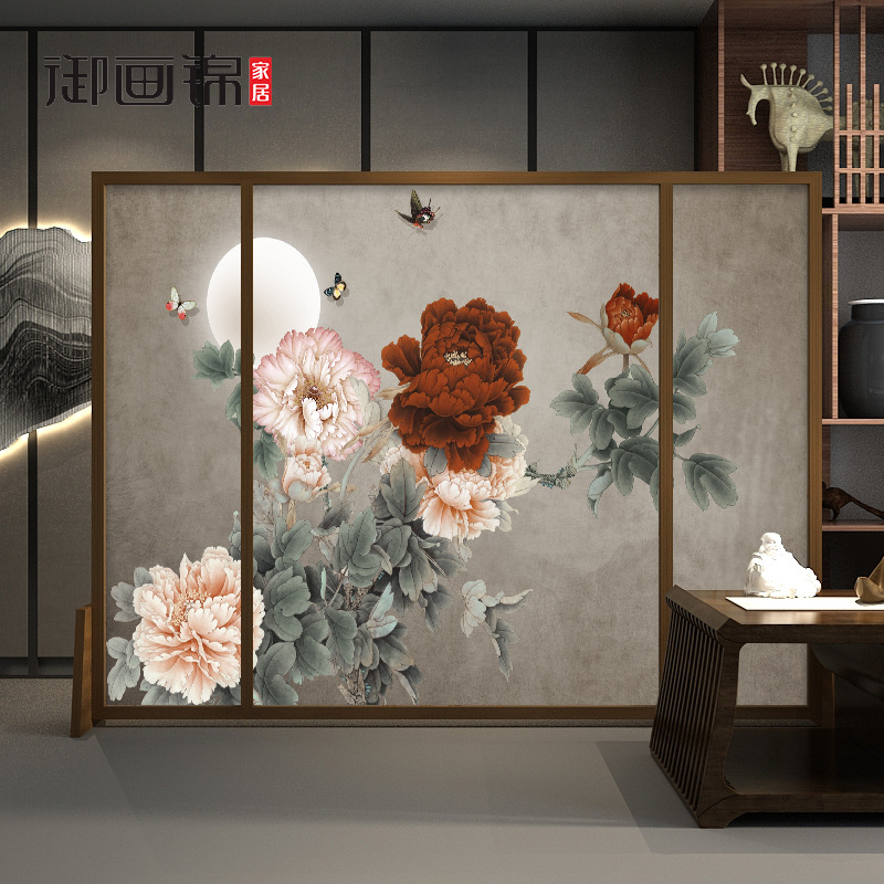 国色天香牡丹座屏客厅书房中式实木屏风隔断厂家直销定制花鸟玄关