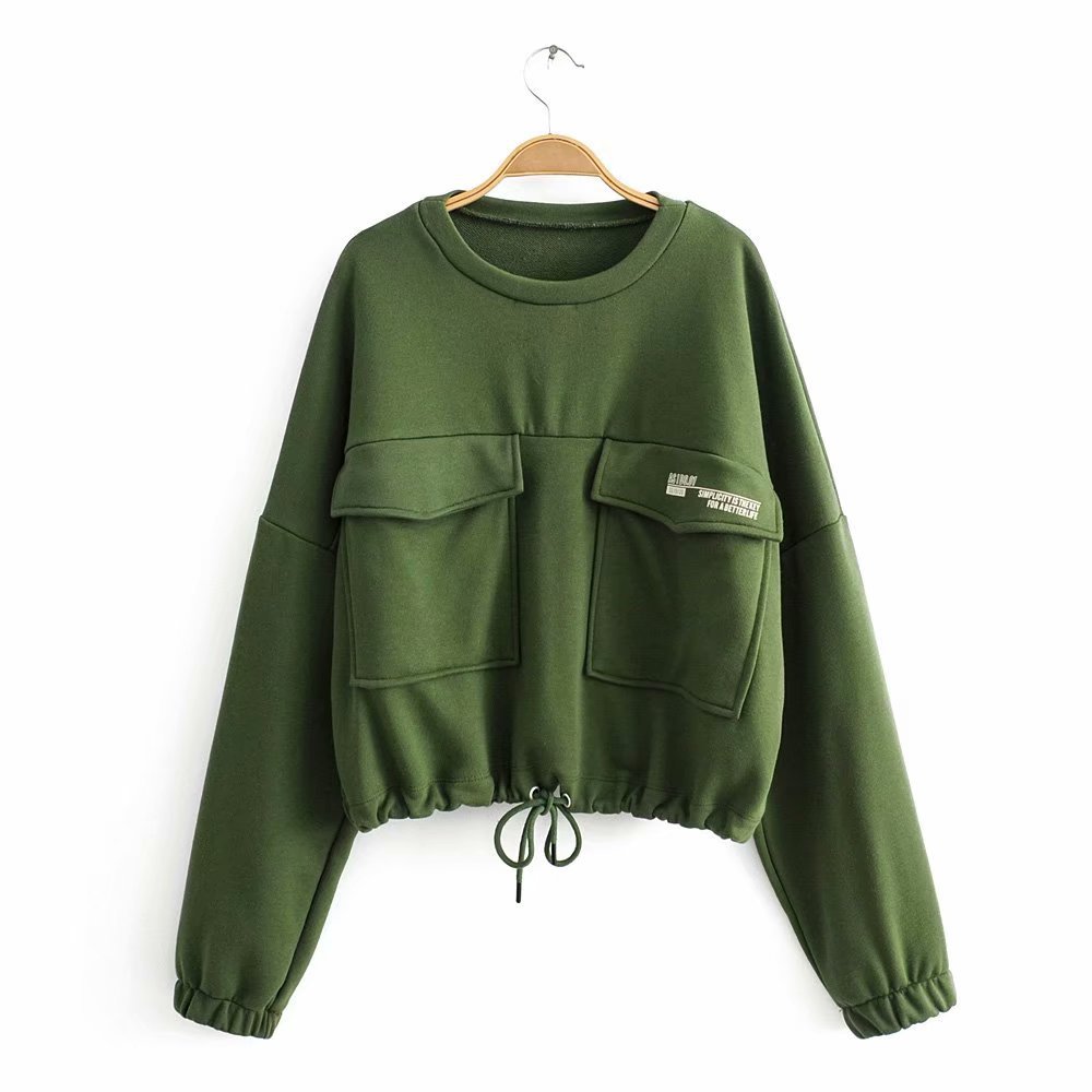 2019欧美风秋冬女装新款批发盖式口袋短款卫衣