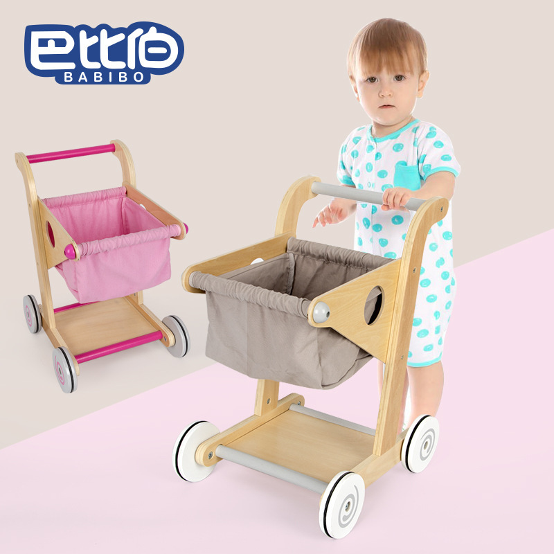 Wooden Children's Shopping Cart Toy Boys and Girls Simulation Supermarket Stroller Play House Walker Toy Set