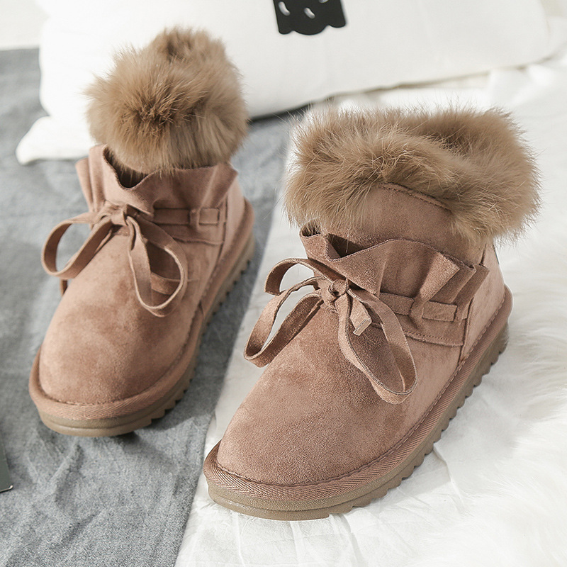 蝴蝶结兔毛雪地靴女2020新款冬短筒棉靴加绒保暖女靴毛毛鞋女棉鞋