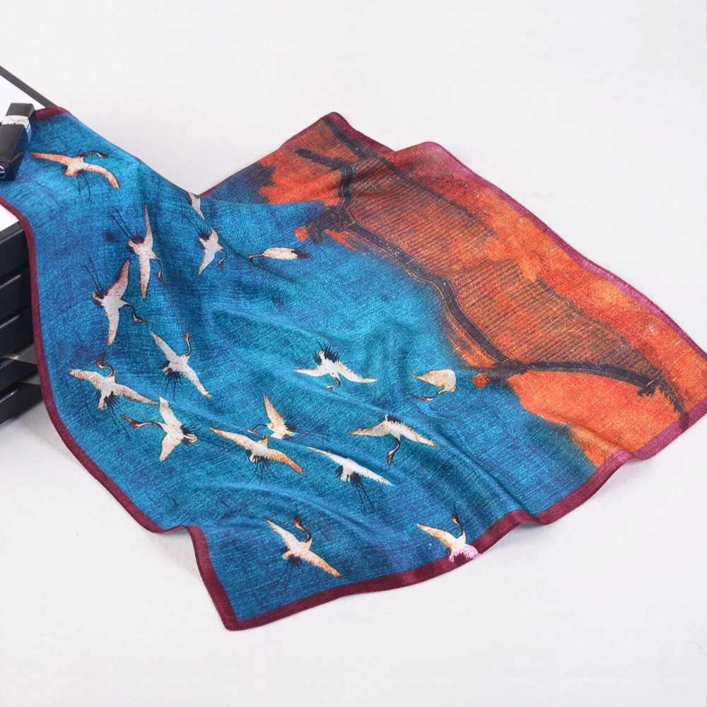 2019新款桑蚕丝53cm真丝中国风乡间水墨画女士小方巾小领巾围巾