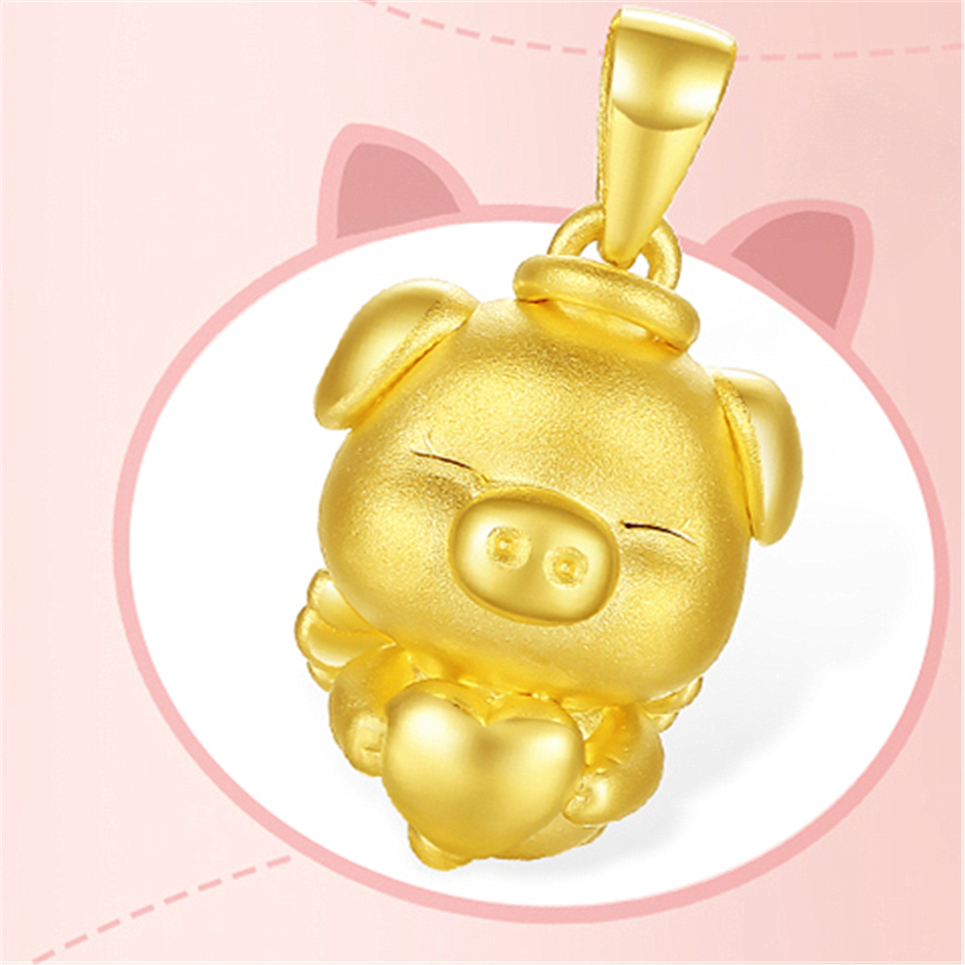 2019年猪年吊坠 镀3d硬金爱心天使金猪吊坠生肖小猪女宝宝款萌宠