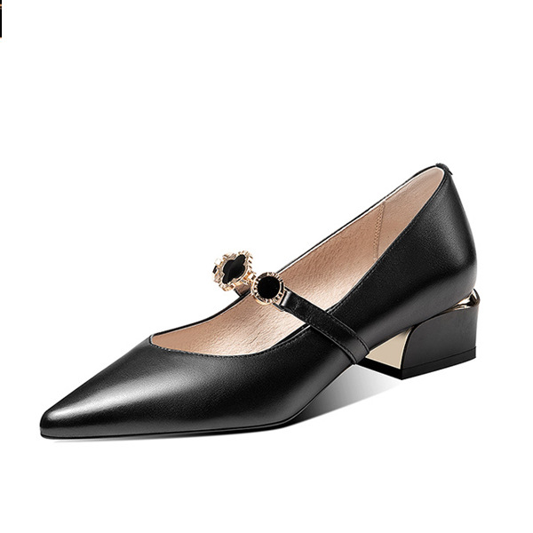 大东女士时尚皮鞋2019秋季新款浅口尖头粗跟中跟英伦风百搭单鞋女