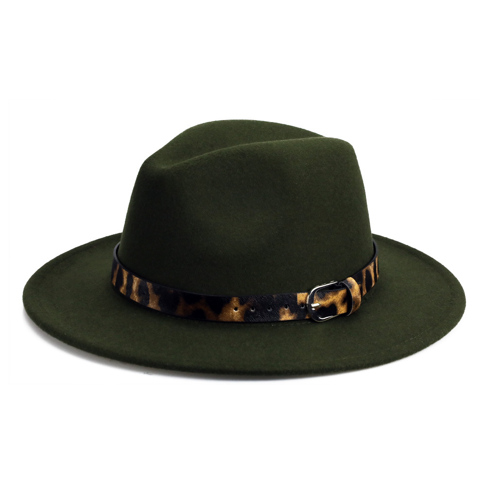 秋冬毛呢大毡帽男女式欧美礼帽豹纹皮带仿羊毛帽子