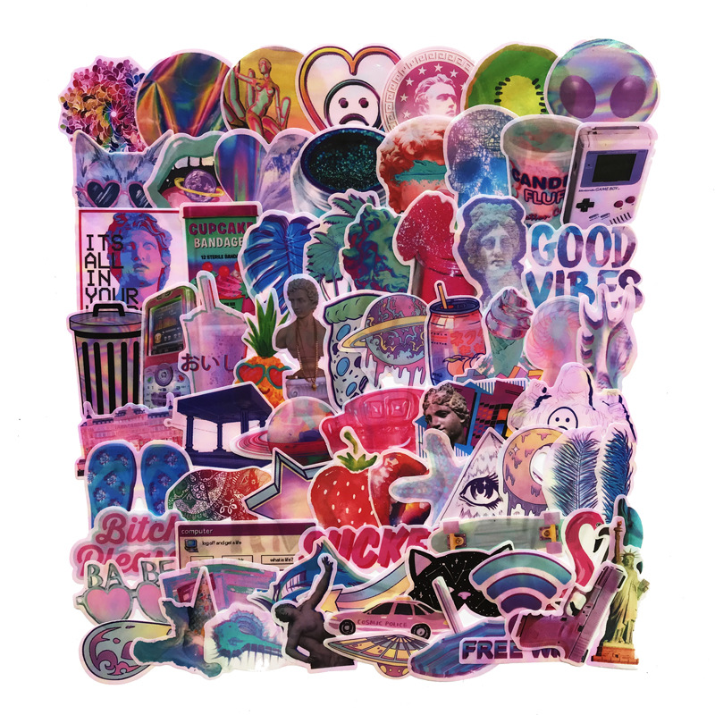 ins复古蒸汽波盐系镭射贴纸彩虹可爱少女原宿手账相册贴纸素材包