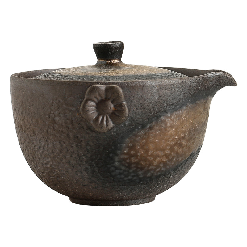 古早烧粗陶花型壶耳手抓壶 新中式复古陶瓷功夫茶具鎏金盖碗