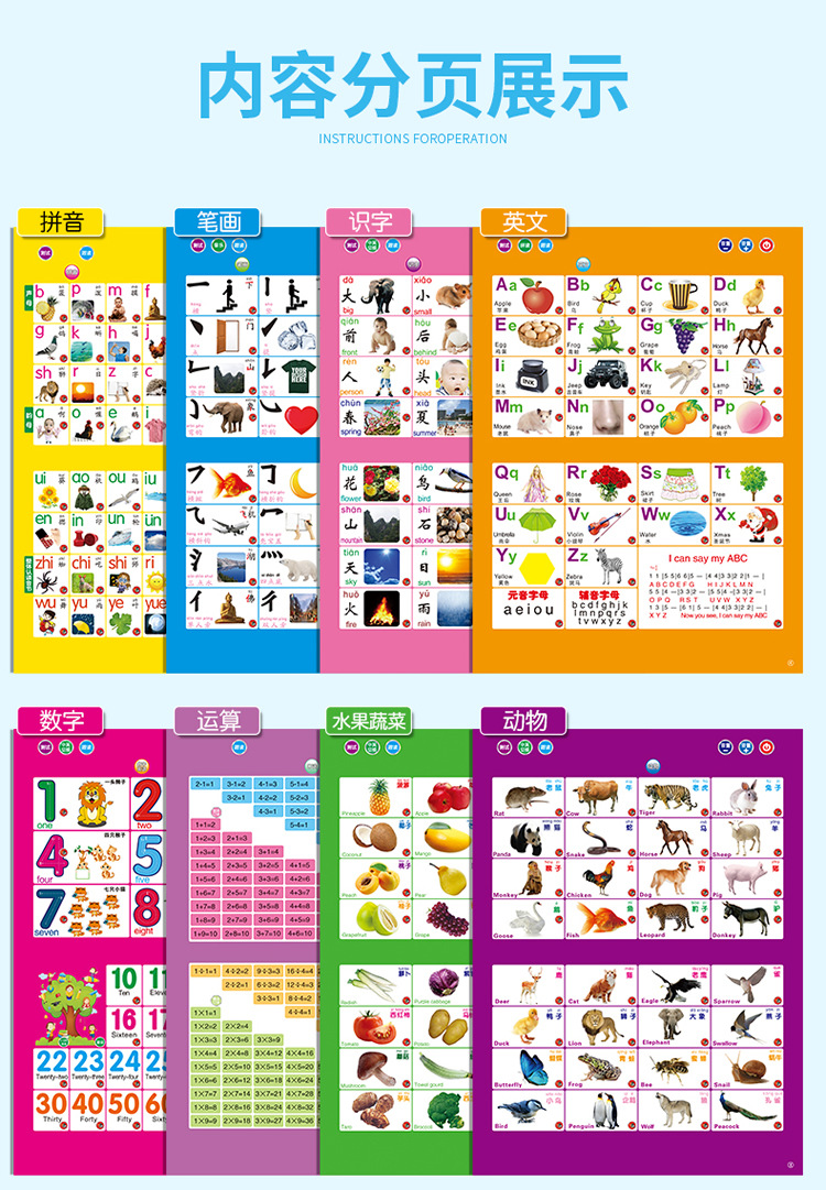 智慧鱼有声挂图多功能点读画本15合一电池款早教挂本 可贴牌