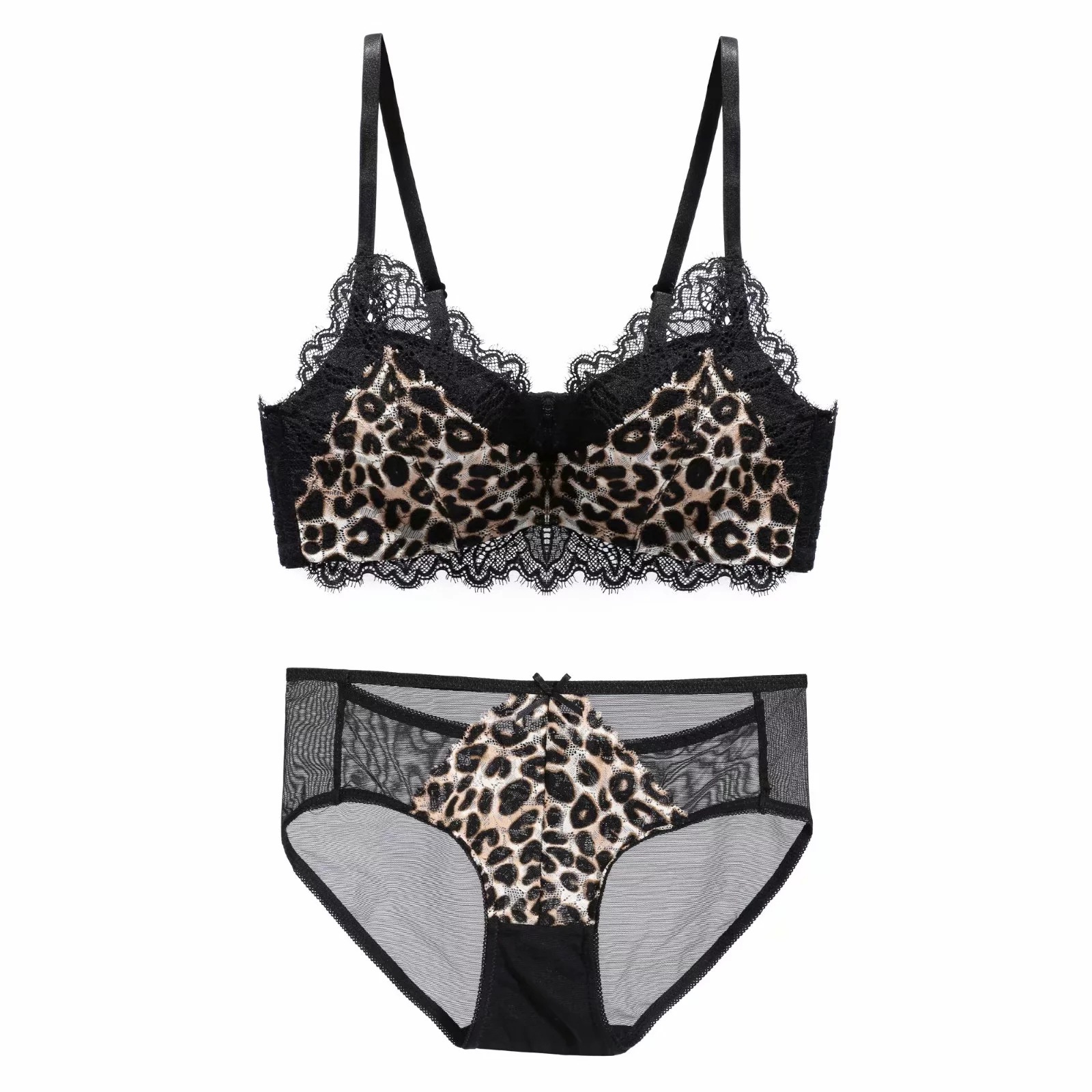 3373秋冬内衣 性感豹纹蕾丝面无钢圈3/4杯三排扣性感聚拢文胸套装