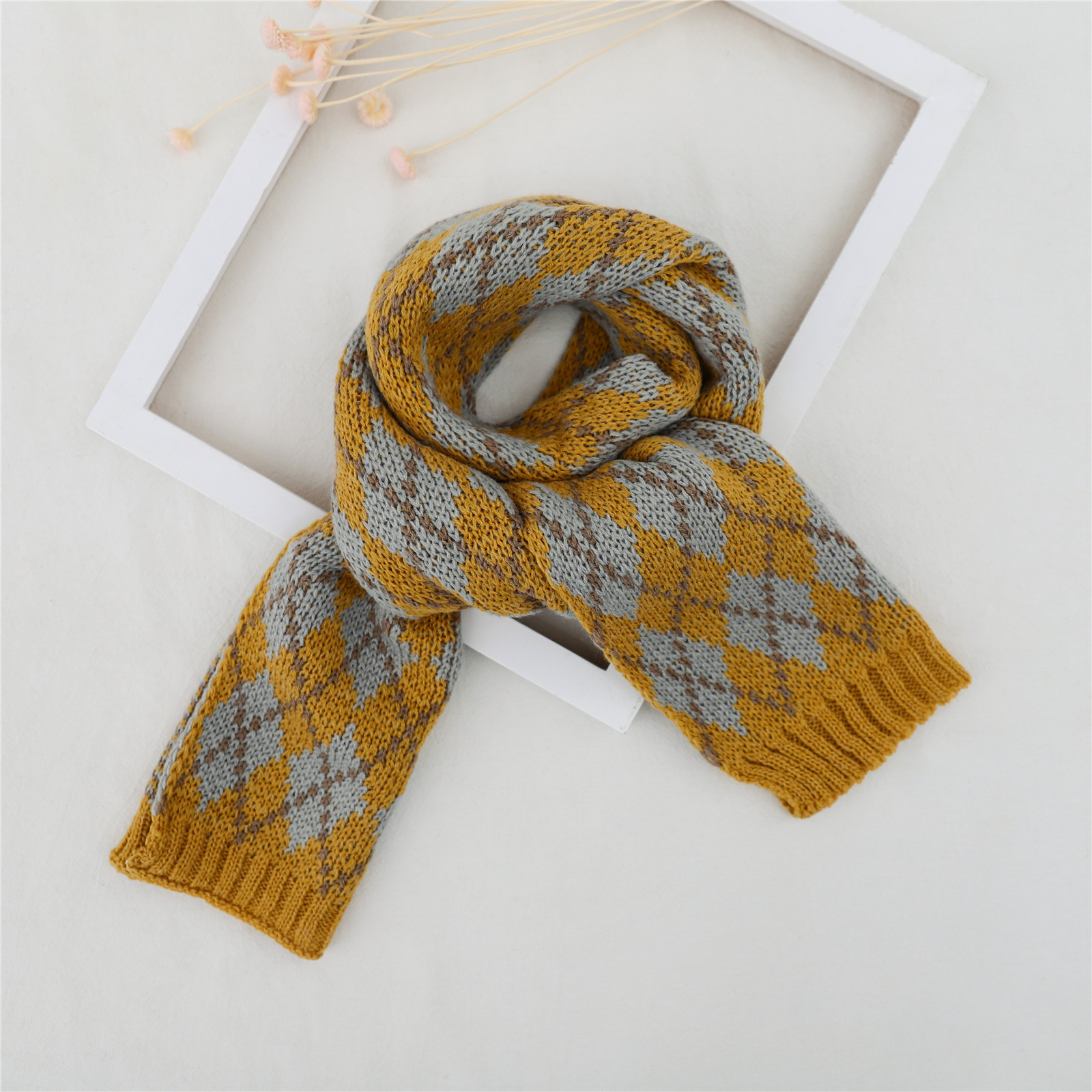 秋冬季厚款儿童围脖网格双色印花针织毛线面料保暖围巾时尚百搭