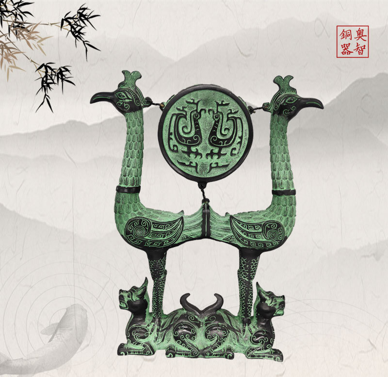 青铜战国虎座凤架鼓仿古青铜器古代乐器双鸟鼓架凤鼓 影视道具