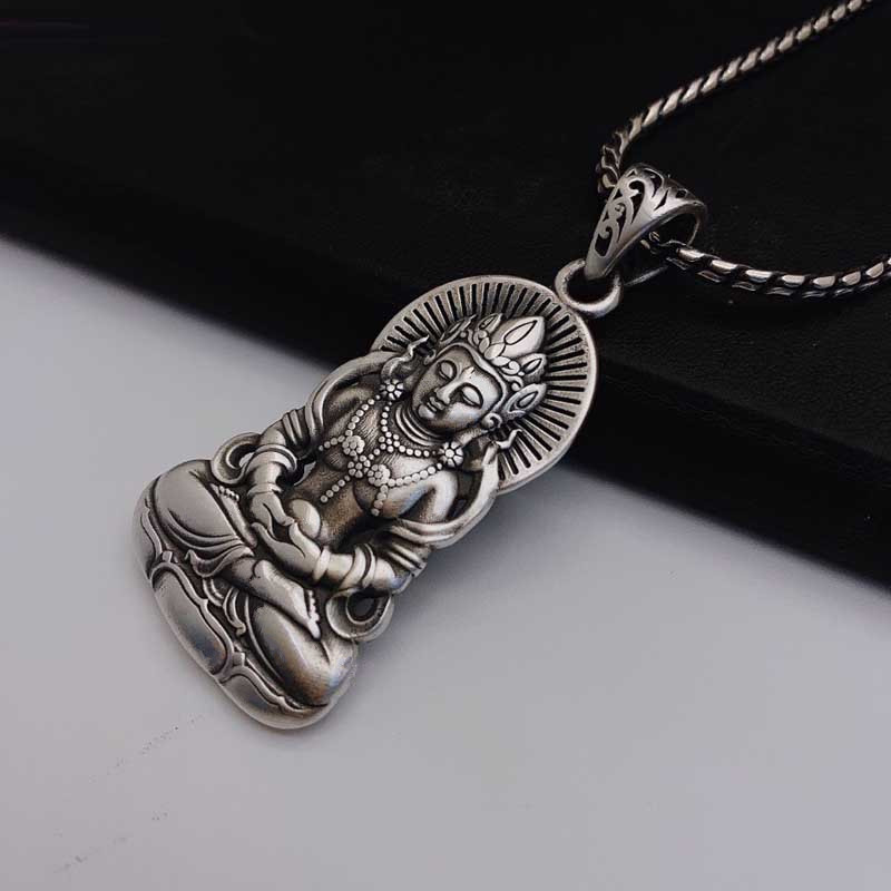 银佛菩萨吊坠999足银男女泰银复古观音莲花大士银吊坠平安