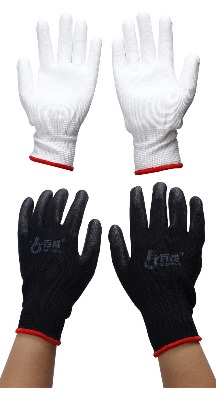 厂家批发十三针尼龙百盛pu手套防静电劳保手套白pu手套绿黑pu手套