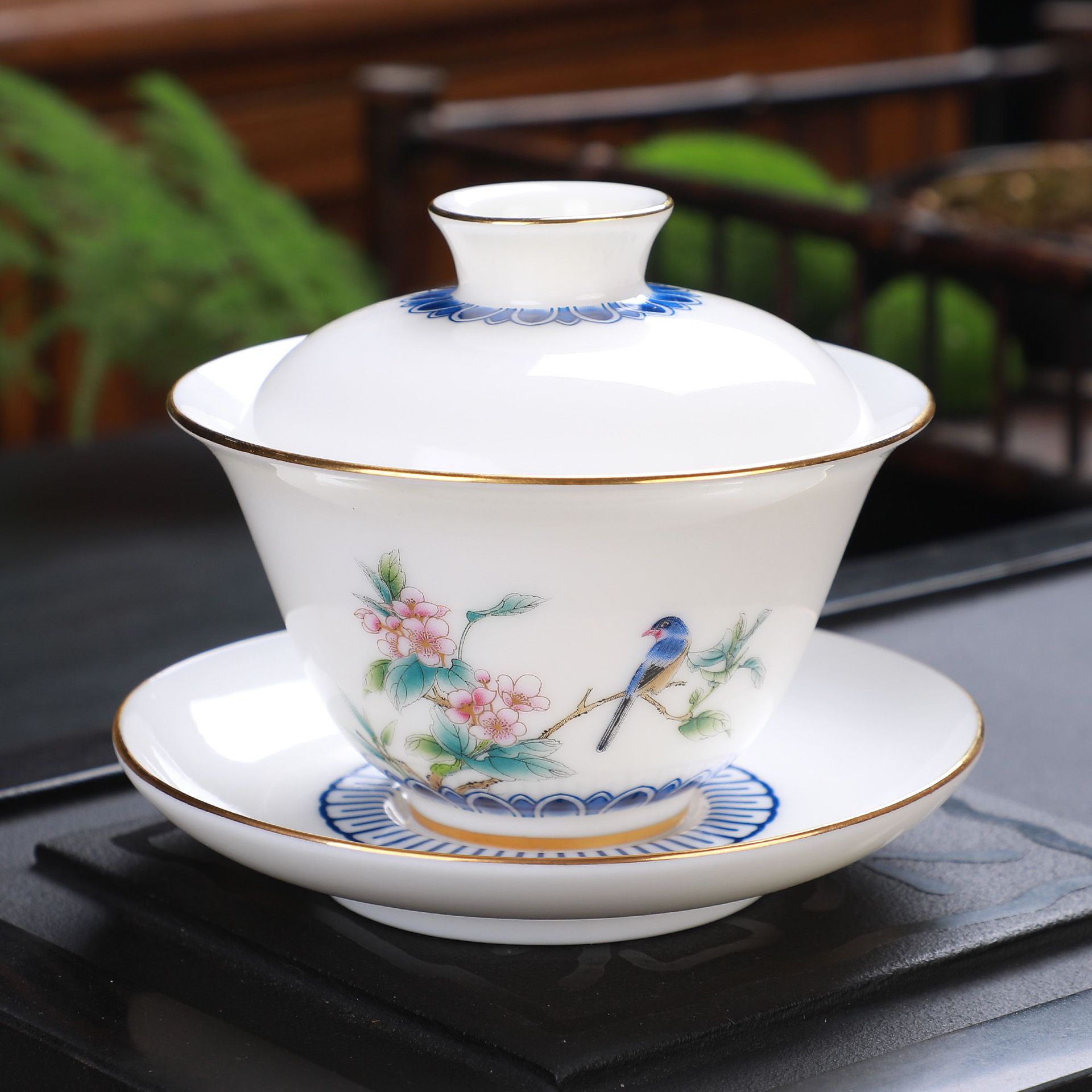 现货批发羊脂玉 白瓷盖碗 陶瓷大号描金三才敬茶碗 功夫茶备3