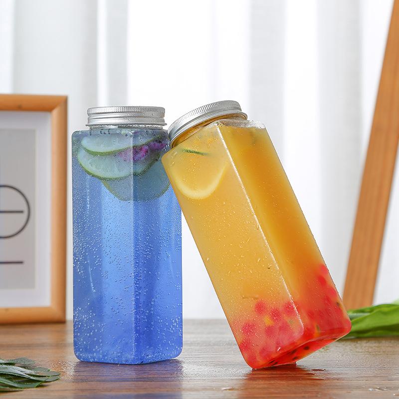 创意pet饮料瓶500ml往事若茶长方形宽口果汁杨枝甘露奶茶瓶带盖