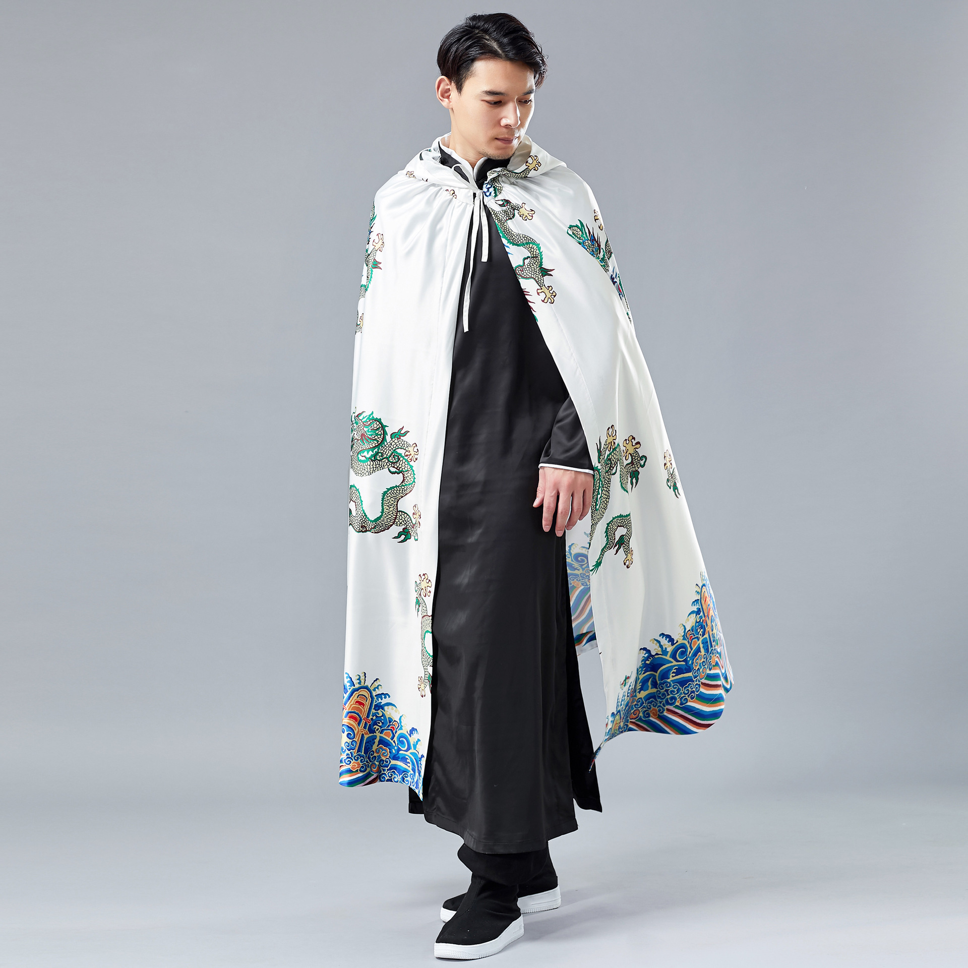 复古麻凡小龙斗篷中国风连帽斗篷披风春季加长款汉服男装 古风