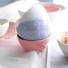 INS北欧创意浮雕蕾丝蝴蝶彩色陶瓷碗家用4.5寸米饭碗小汤碗沙拉碗