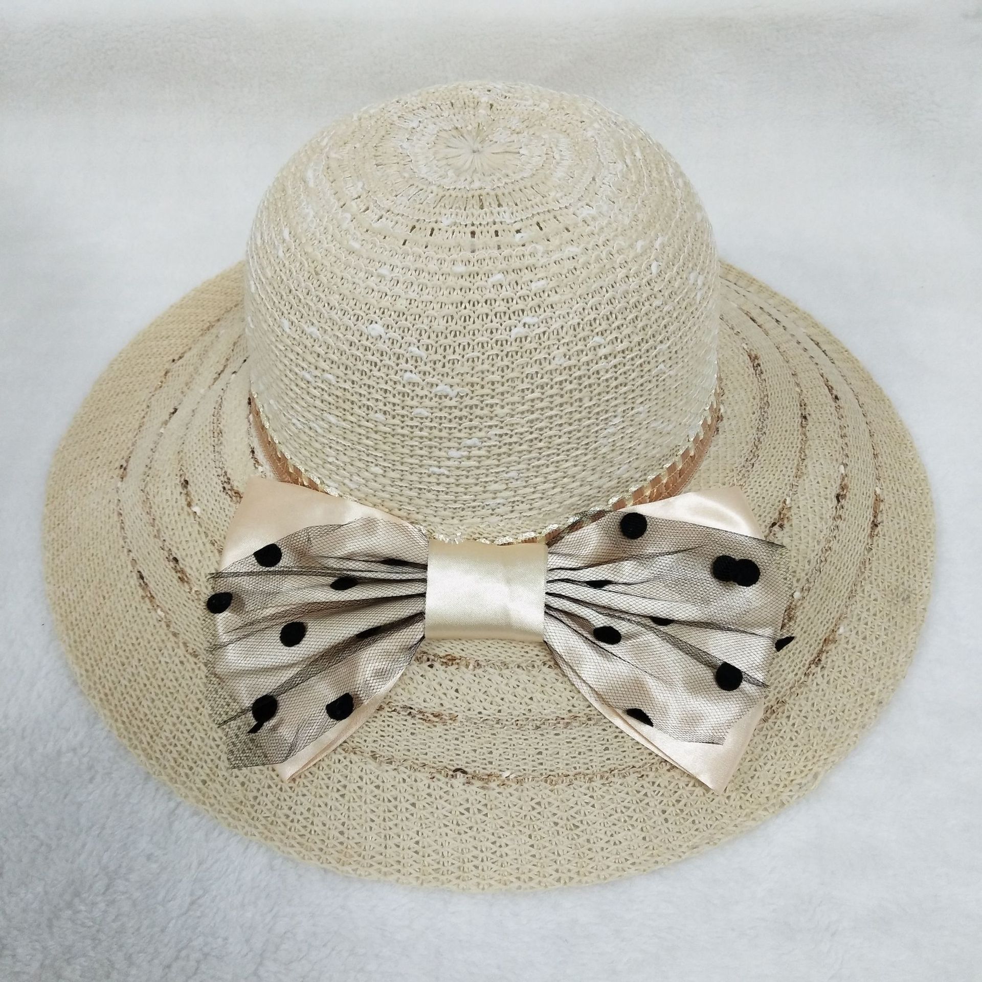 2019新款黑点大蝴蝶结针织大帽蕾丝点点条纹边景区遮阳防晒拍照帽