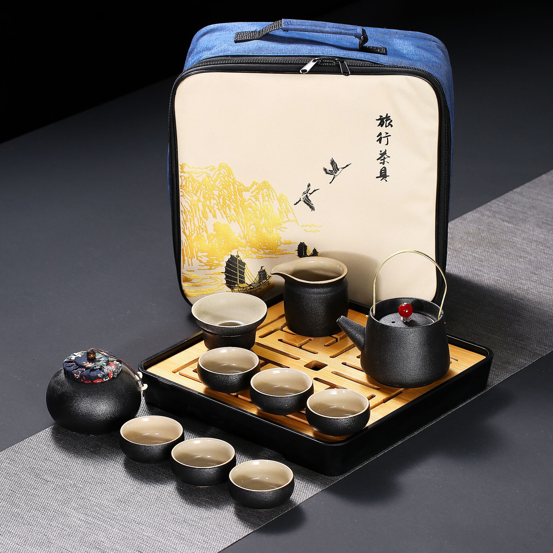 黑陶旅行便携式功夫茶具套装 车载办公陶瓷干泡一壶六杯茶盘定制