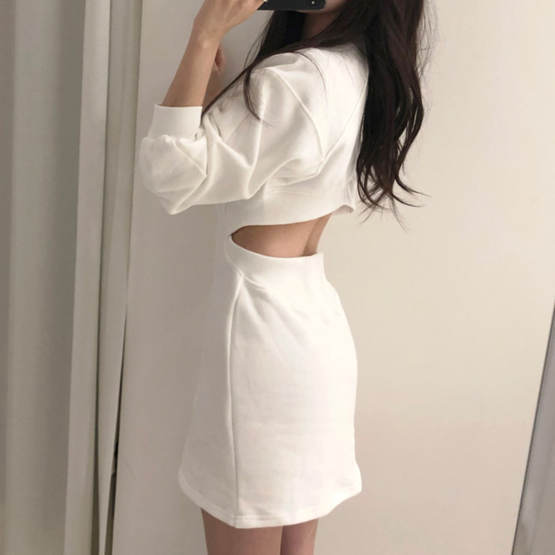 18】穿上特别显瘦sexy小女人背后心机露腰设计卫衣连衣裙秋冬