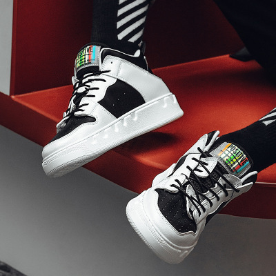 fashion shoes皮面拼色走秀鞋板鞋男欧美风高帮运动学生潮鞋透气