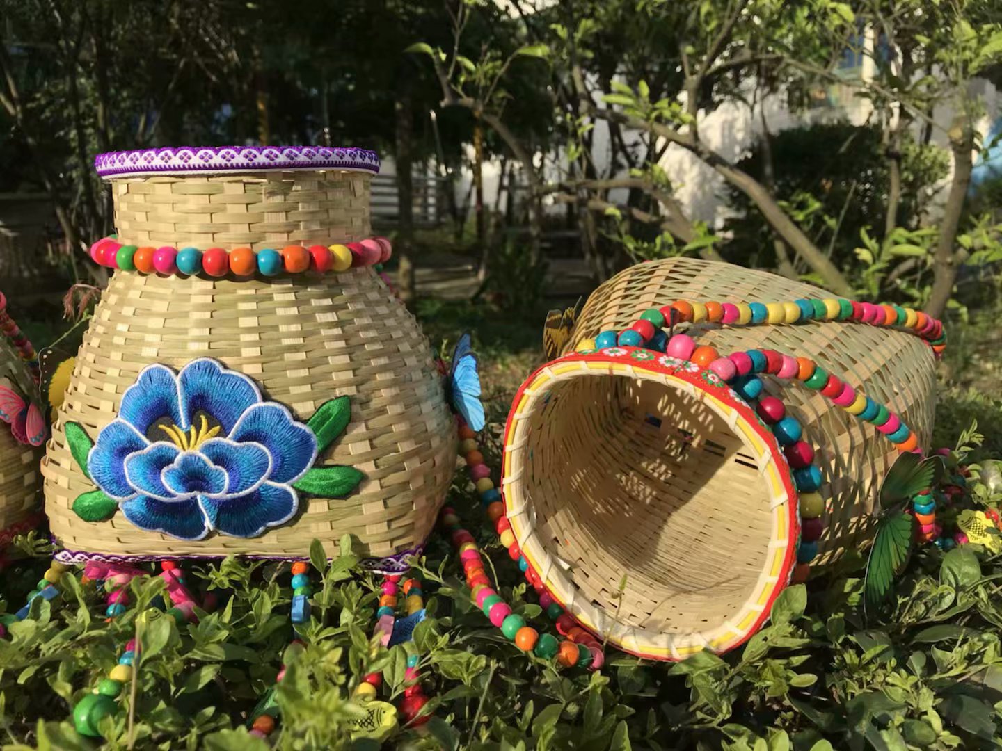 竹风铃民族风竹编鱼篓装饰手工小背篓插花篓儿童摄影布置舞蹈道具