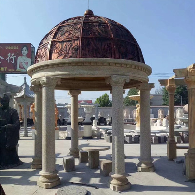 欧式铁艺圆帽凉亭石雕亭子走廊园林石头小区室外大型长廊圆顶亭子