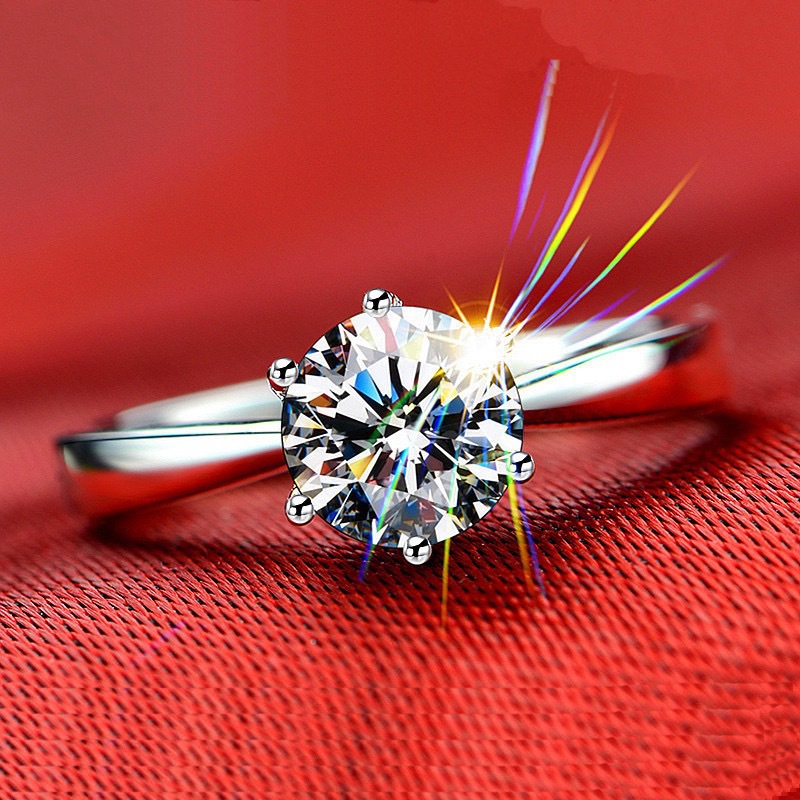 925纯银经典六爪仿真钻石戒指女士钻戒结婚锆石银饰气质礼物