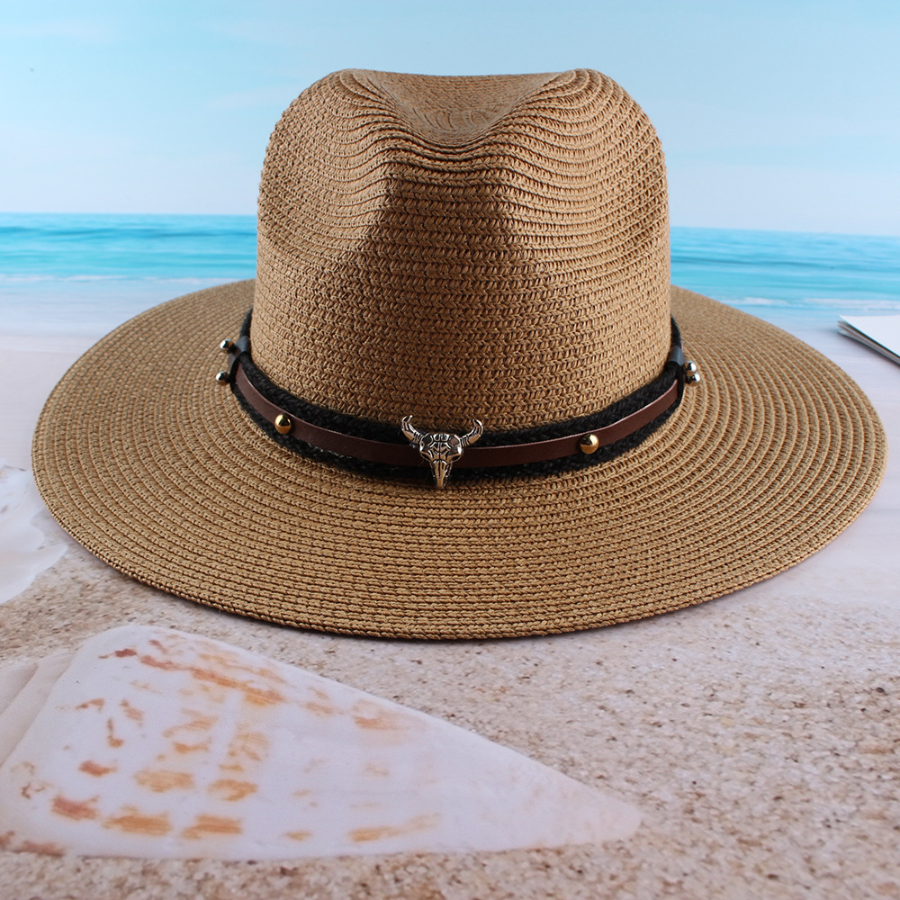 Summer Women's Leisure Travel Beach Sun Protection Sun-Proof Straw Hat European and American Fashion Straw Cow Head Jazz Top Hat Wholesale