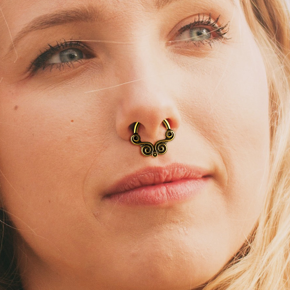 亚马逊新款欧美个性无穿孔假鼻环祥云配件金箍棒花纹铜制穿刺饰品