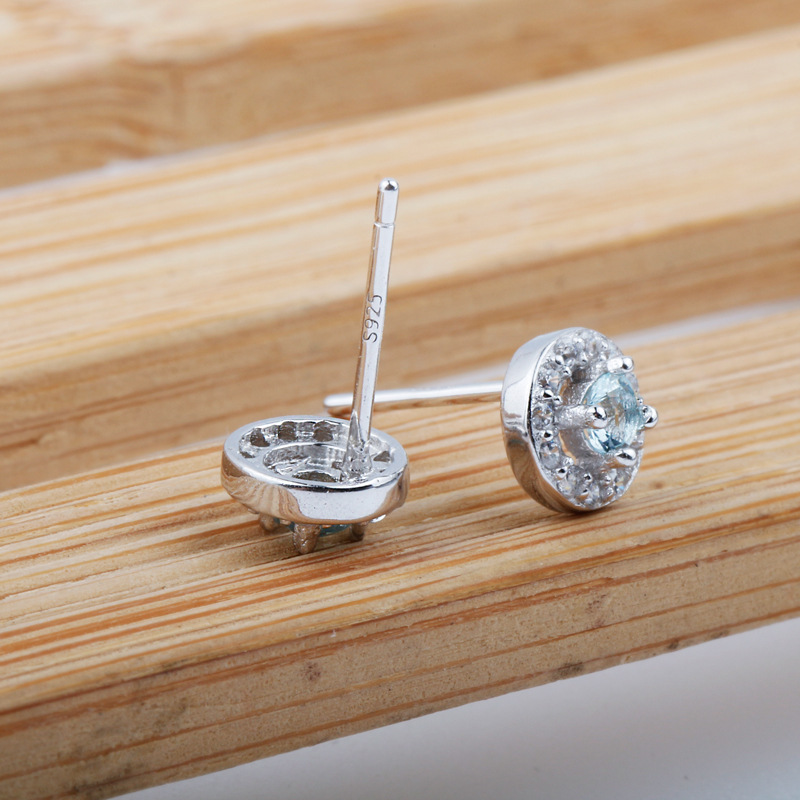 约瑟兄弟银饰 精致小奢华s925纯银韩版微镶水蓝色锆石圆形耳钉