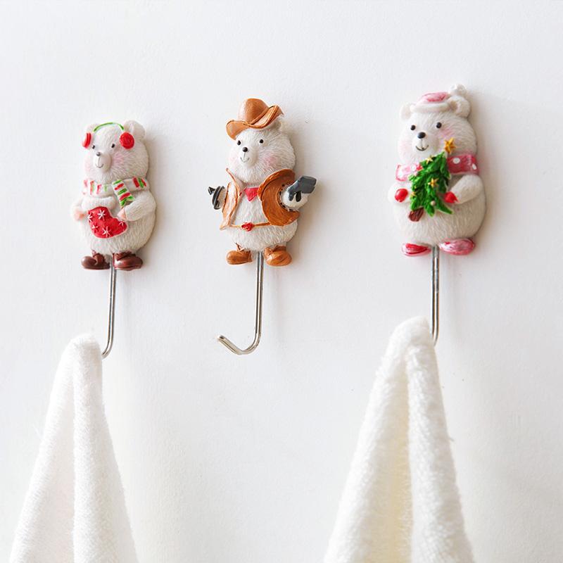 Creative Cartoon Christmas Bear Hook Clothes Hook Nail-Free Strong Sticky Hook Hallway Entrance Key Storage Viscose Hook