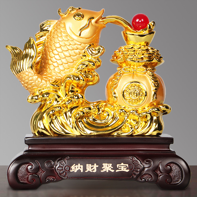 雅信树脂摆件新款8寸招财金鱼系列金色客厅书房办公室风水摆设品