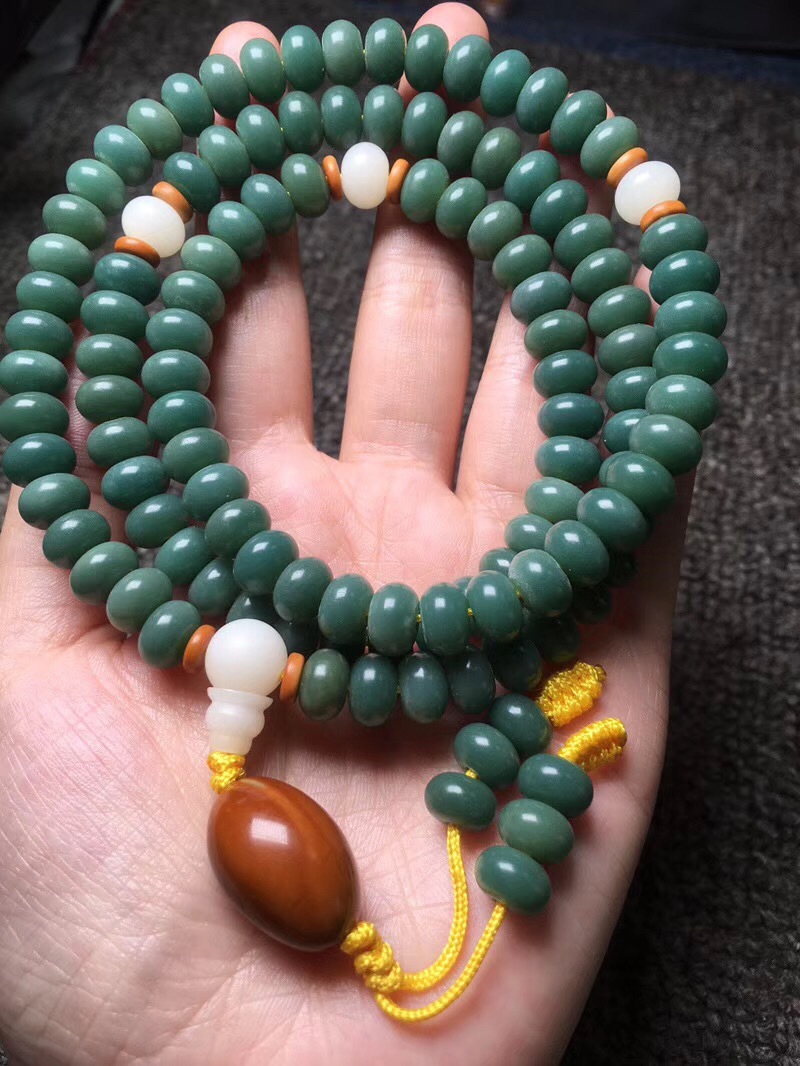 绿皮108颗菩提根 风化绿色阴皮菩提根配饰佛珠 绿菩提根手链