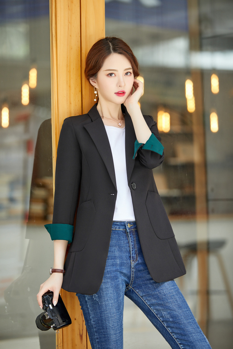 小西装外套女生2019新款长袖时尚休闲黑色百搭宽松西服中长款上衣