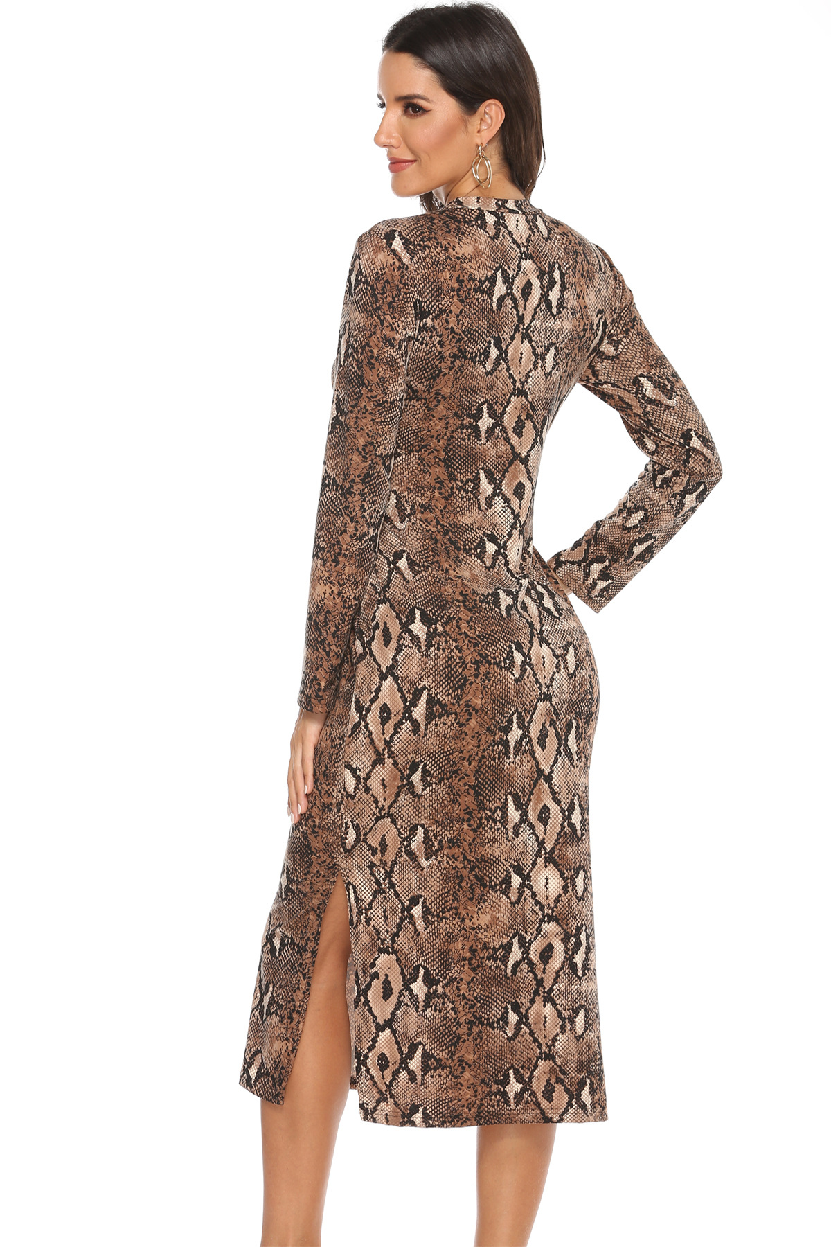 实拍2019跨境蛇皮纹长袖蝴蝶结开叉包臀裙弹力修身铅笔连衣裙