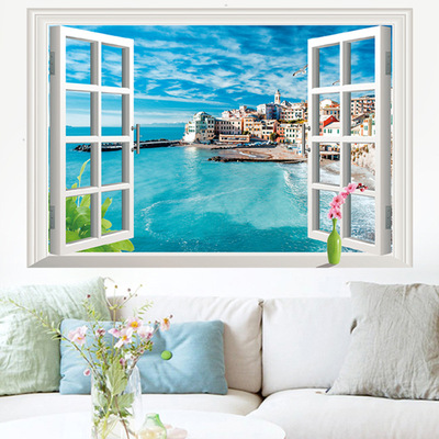 背景墙贴画墙画一整张纸3d立体假窗户大自然风景装饰房间壁画贴纸