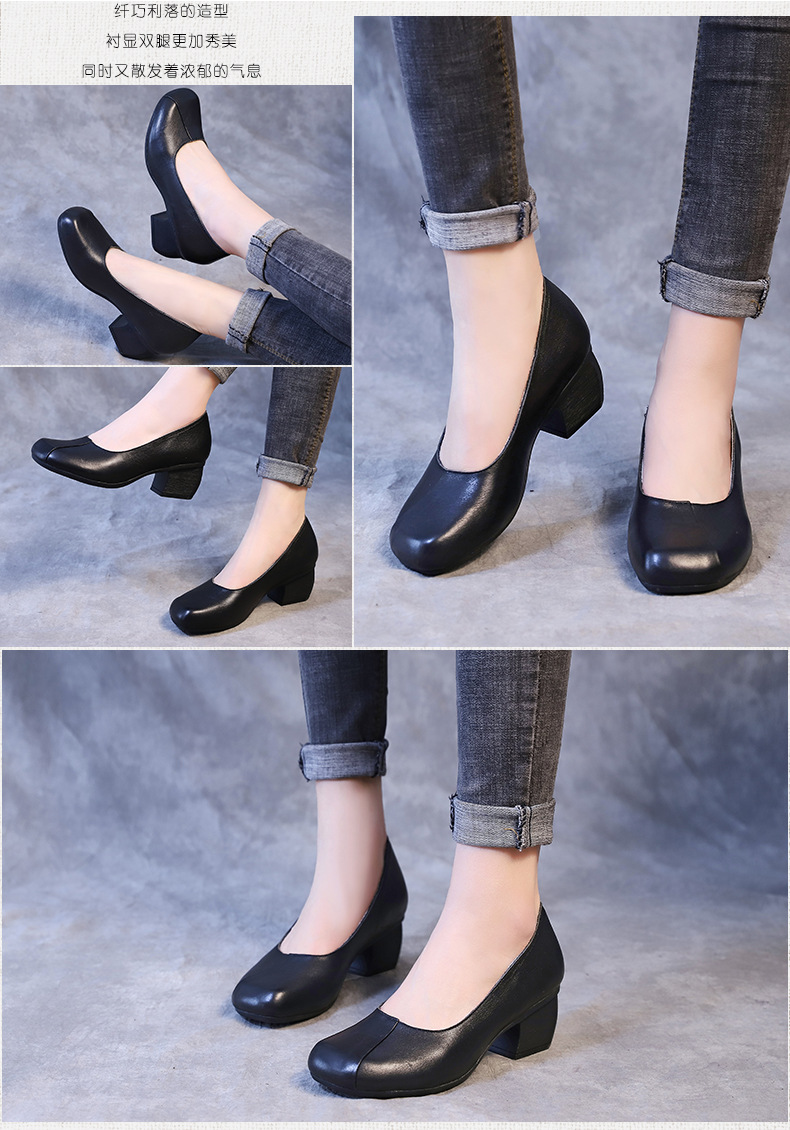 纤纤佳人2019春新款真皮方头女单鞋软底皮鞋工作鞋复古鞋粗跟女鞋