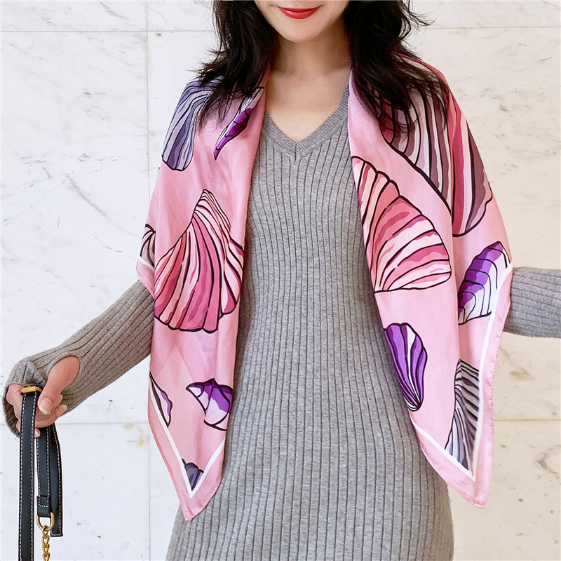 Colorful Shell Spring and Autumn New 90 Square Scarf Printing Emulation Silk Scarf Women's Scarf Professional Decoration Multi-Purpose Shawl