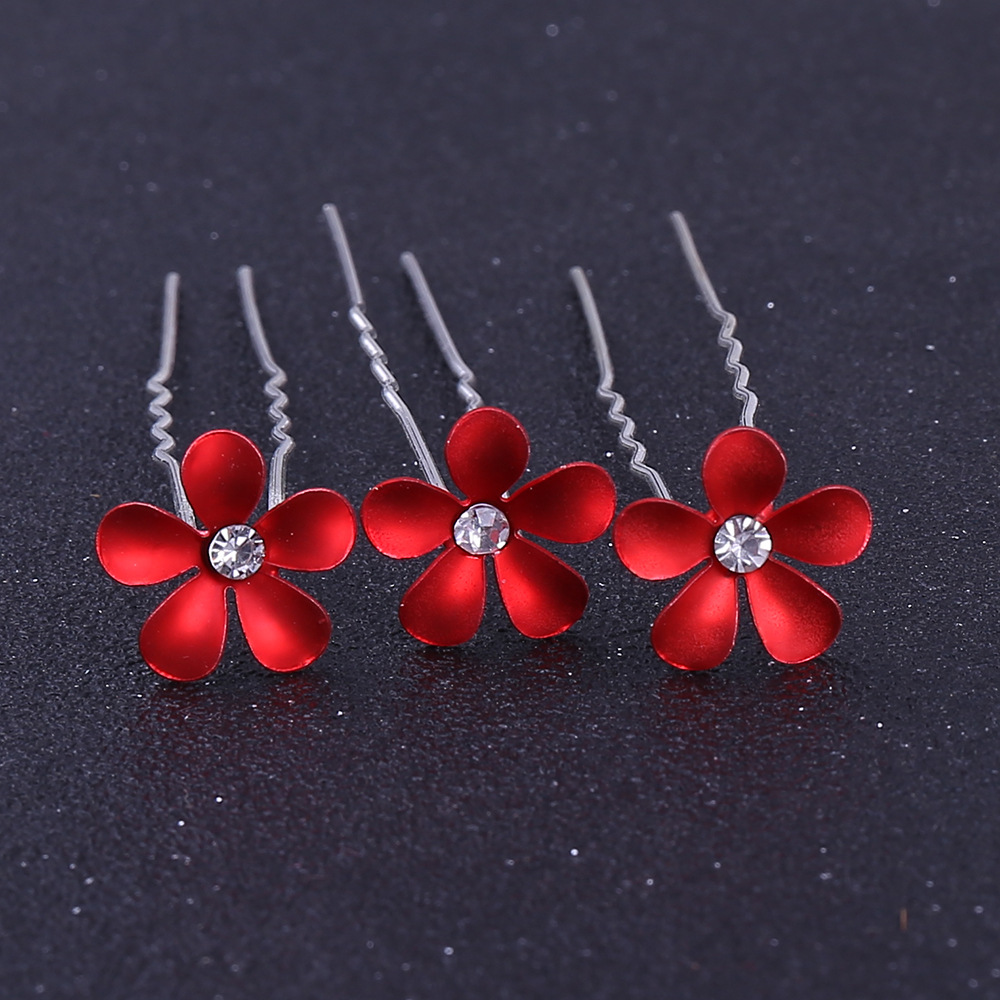 z013热卖红色铁花发钗 新娘镶钻五瓣花u型盘发发夹 花朵簪子头饰