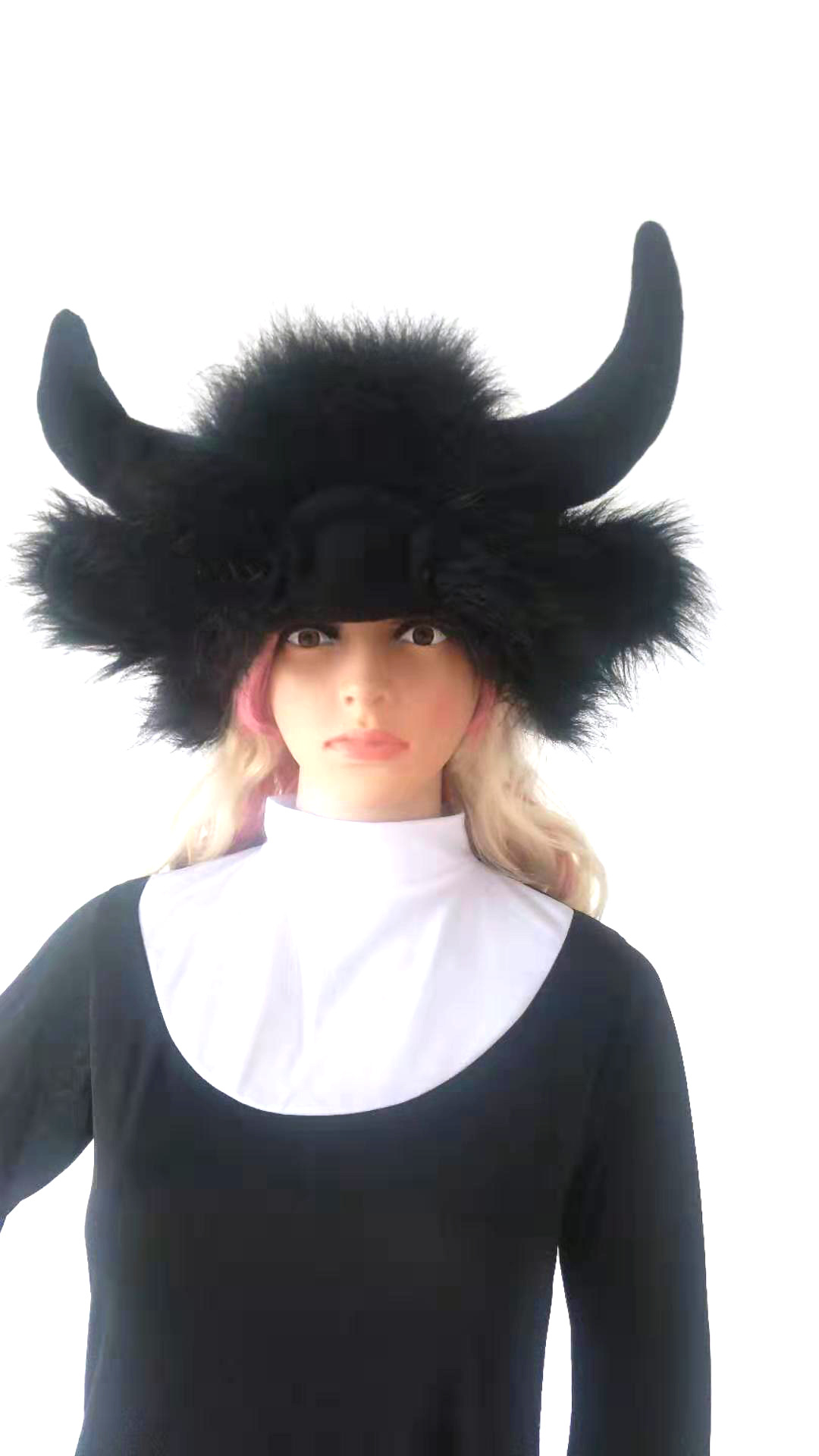 新款万圣节牛角帽子 长毛绒牛头帽狂欢派恶魔角色扮演动物帽