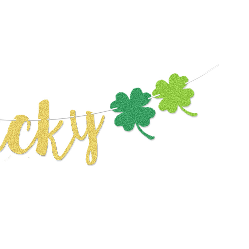 厂家直销 欧美热销圣帕特里克狂欢节派对装饰拉花lucky金粉拉旗