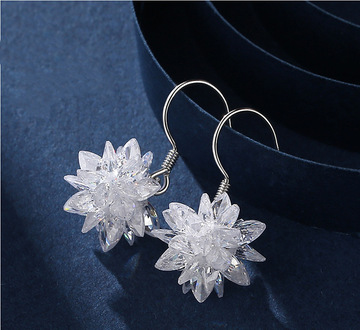 925纯银冰花水晶耳环女韩国雪花耳钉长款气质网红耳坠感耳饰