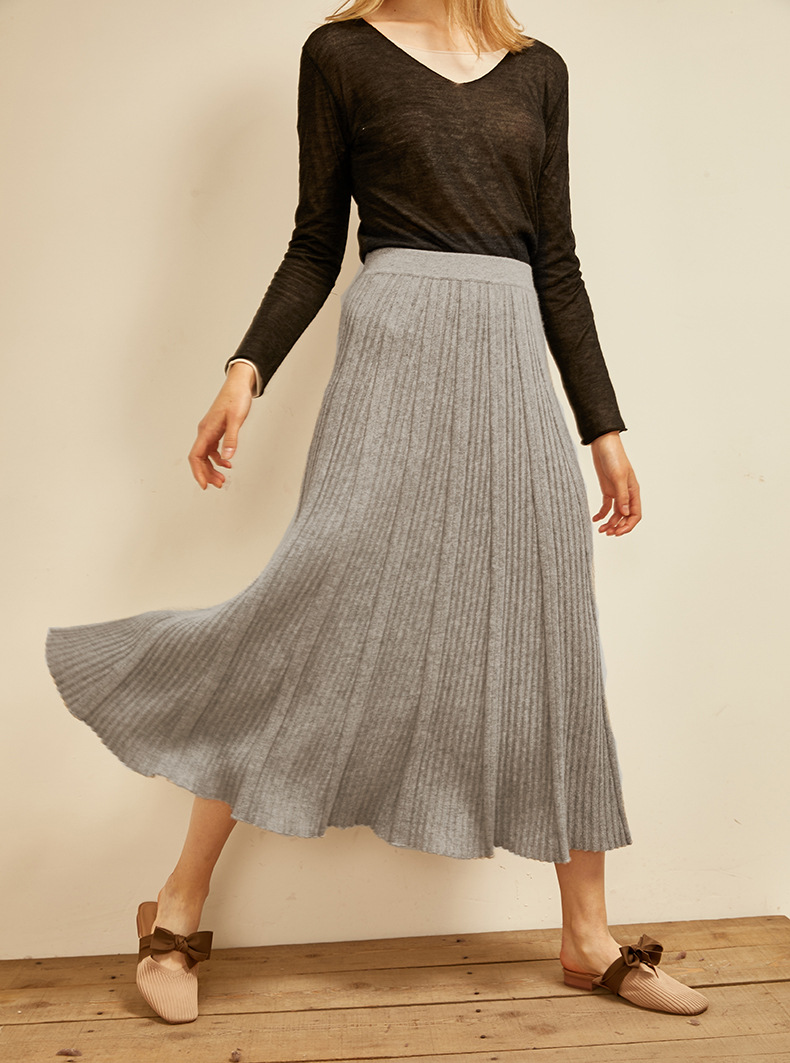 新秋冬山羊绒针织半裙女中长款修身 ins超火气质百褶裙子外贸货