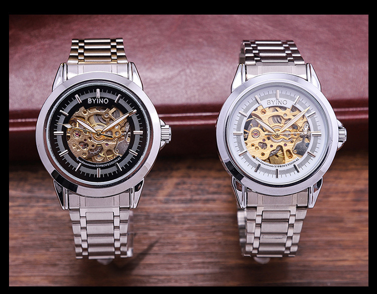 byino 简约男士机械表镂空钢带时钟夜光防水手表男上弦自动手表